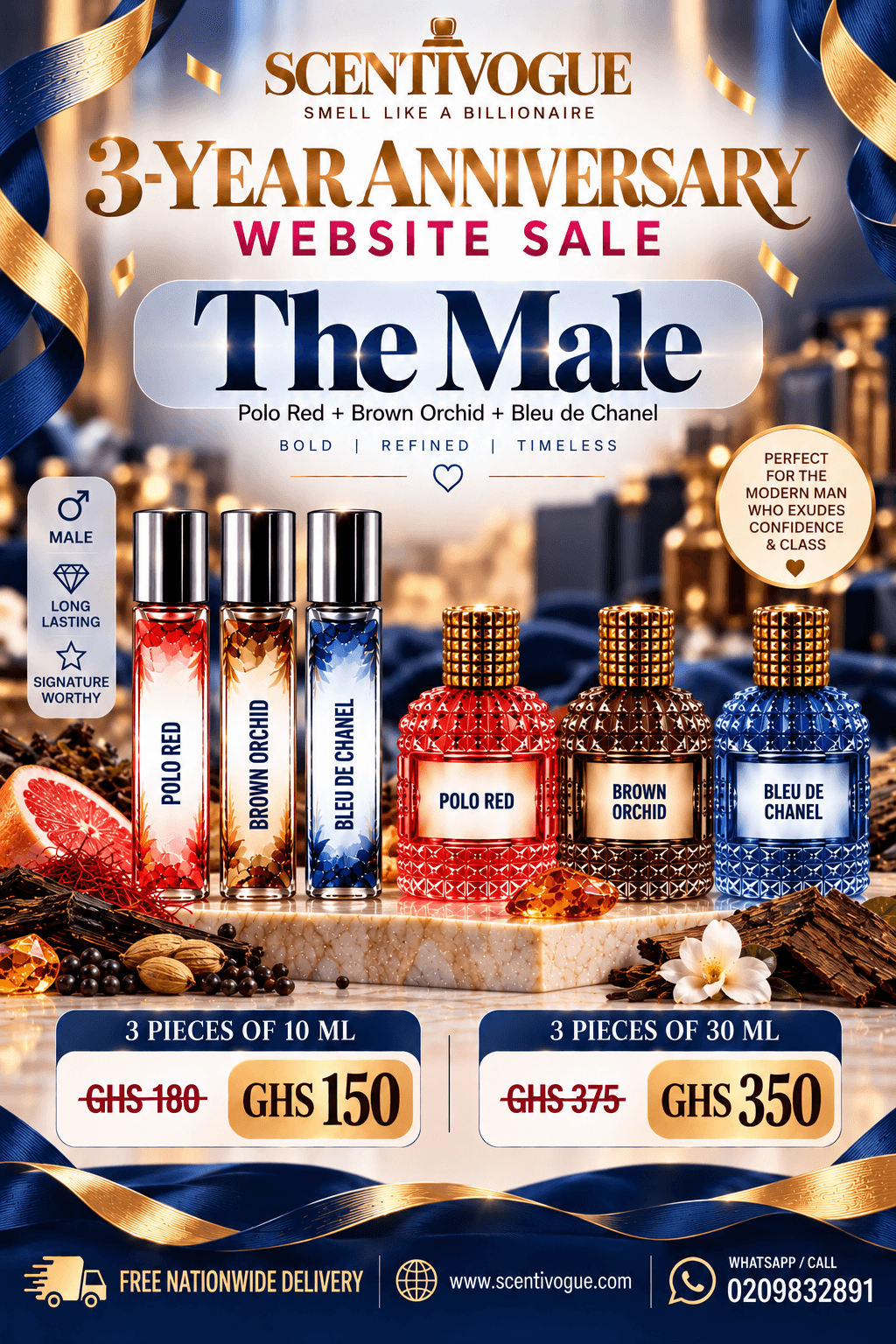 The Male- Polo red, Brown orchid, Bleu de Chanel